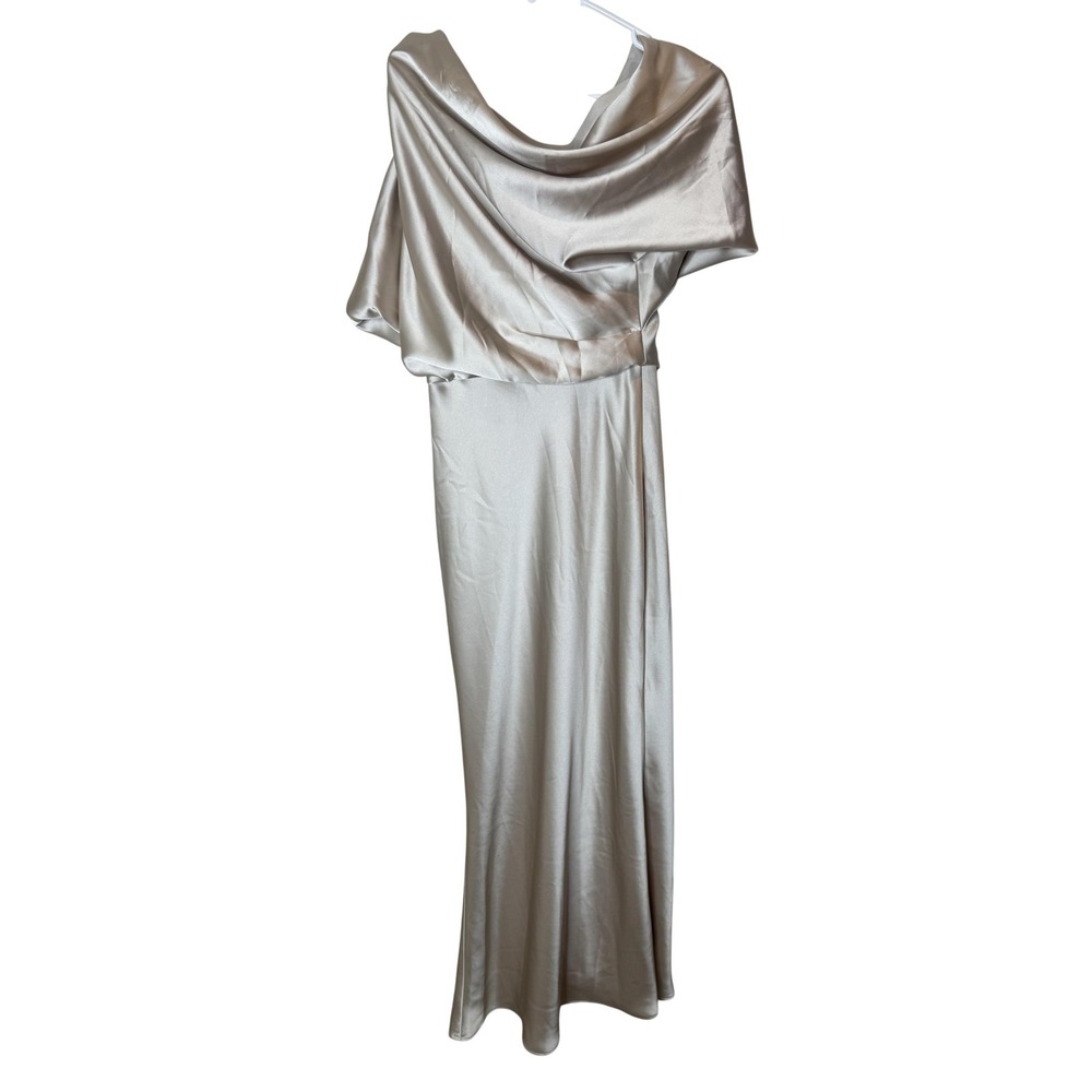 Amsale Dress Womens 6 Beige Satin Cowl Neck Cape Maxi Sheath Gown Formal Wedding